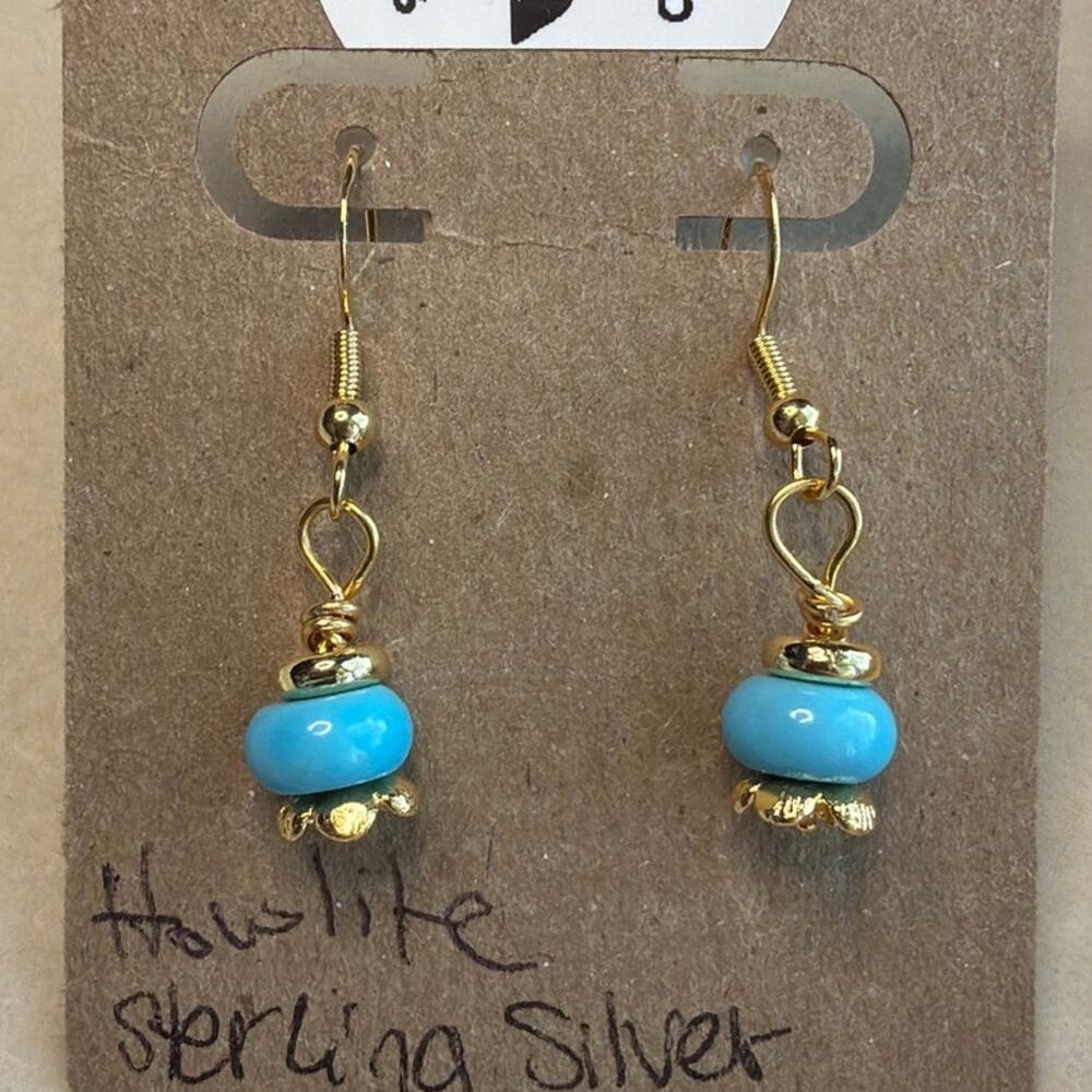 Howlite Gemstone Earrings, Blue, Turquoise, Gold Over Sterling Silver, Flower